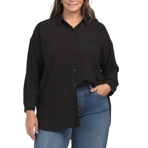 EILEEN FISHER Black Plus Silk Classic Long Shirt - Picture 1 of 2